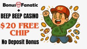 BonusFanatic i Beep Beep Casino 20 darmowych żetonów bez depozytu promocja bonusowa z ilustracją człowieka