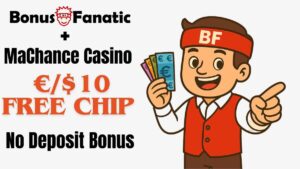 BonusFanatic i MaChance Kasyno 10 darmowych żetonów bez depozytu – promocja z ilustracją mężczyzny