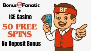BonusFanatic i Ice Casino 50 darmowych spinów bez depozytu promocja bonusowa z ilustracją mężczyzny