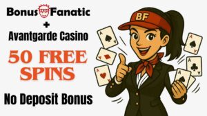 BonusFanatic and Avantgarde Casino 50 free spins no deposit bonus promotion with woman illustration