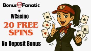 BonusFanatic i WCasino – promocja 20 darmowych spinów bez depozytu z ilustracją kobiety
