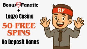 BonusFanatic and Legzo Casino 50 free spins no deposit bonus promotion with man illustration