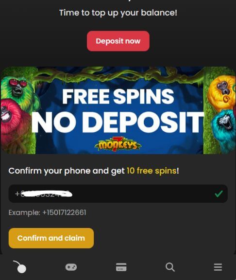 Cherry Spins Casino: 10 Freispiele ohne Einzahlung – Telefonverifizierungsnachweis 2026 Der Verifizierungsbildschirm von Cherry Spins Casino zeigt ein Angebot für Freispiele ohne Einzahlung für den Spielautomaten 7 Monkeys mit einem Bestätigungs- und Einlösebutton.