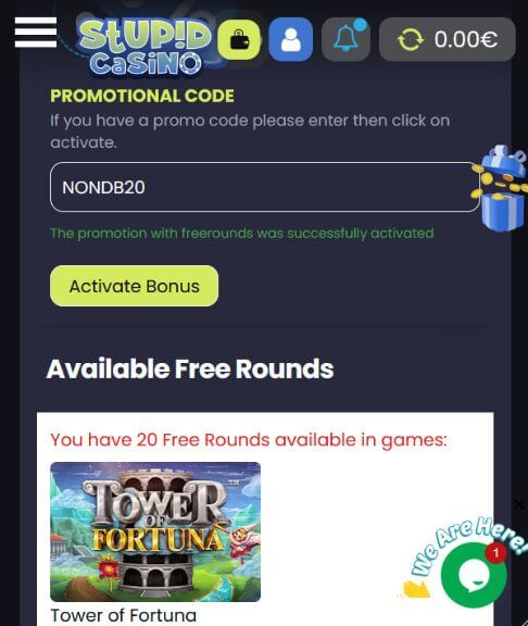 Beweis für einen lächerlichen Casino-Bonus ohne Einzahlung – NONDB20 Code aktiviert 2026 Dummer Casino-Gutscheincode NONDB20 Aktiviert, zeigt 20 verfügbare Freispiele am Spielautomaten Tower of Fortuna an.