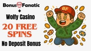 BonusFanatic i Wolfy Casino 20 darmowych spinów bez depozytu promocja bonusowa z ilustracją mężczyzny