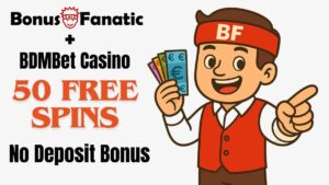 BonusFanatic i BDMBet Casino – promocja bonusu 50 darmowych spinów bez depozytu z ilustracją mężczyzny