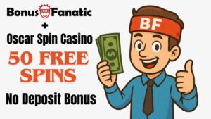BonusFanatic i Oscar Spin Casino – promocja bonusu 50 darmowych spinów bez depozytu z ilustracją mężczyzny