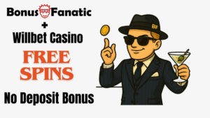 BonusFanatic i Willbet Casino – darmowe spiny bez depozytu, promocja z ilustracją mężczyzny