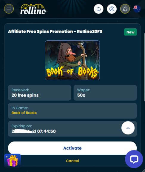 Rollino Casino 20 Freispiele ohne Einzahlung Bonusbeweis Screenshot zeigt Book of Books Slot, 50x Umsatzbedingungen.