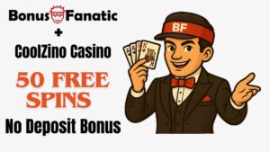 BonusFanatic i Coolzino Casino – promocja bonusu 50 darmowych spinów bez depozytu z ilustracją mężczyzny