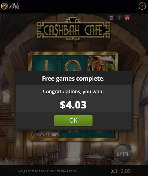 Wygrana darmowych spinów w kasynie Black Lotus – Cashbah Café 4.03 USD Kasyno Black Lotus Casino Cashbah Cafe – dowód wygranej za darmowe spiny, saldo 4.03 USD
