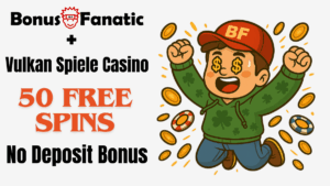 BonusFanatic i Vulkan Spiele Casino 50 darmowych spinów, promocja bonusu bez depozytu z ilustracją mężczyzny