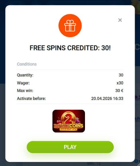 Okienko z bonusem w kasynie Mostbet pokazujące 30 darmowych spinów przyznanych w grze Royal Coins 2: Hold and Win, z 30-krotnym wymogiem obrotu i maksymalną wygraną 30 €