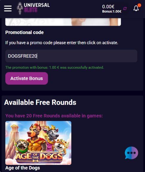 Bonus bez depozytu w kasynie Universal Slots – 20 darmowych spinów w grze Age of The Dogs BonusFanatic i Universal Slots Casino – promocja 20 darmowych spinów bez depozytu na automacie Age of The Dogs z kodem bonusowym DOGSFREE20