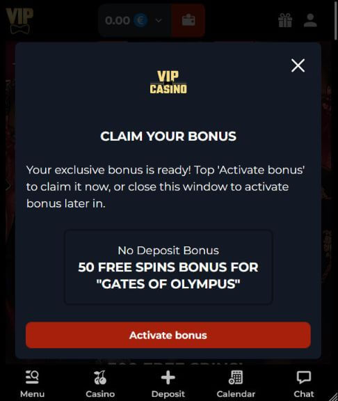 Bonus bez depozytu w kasynie VIP – 50 darmowych spinów Ekran aktywacji