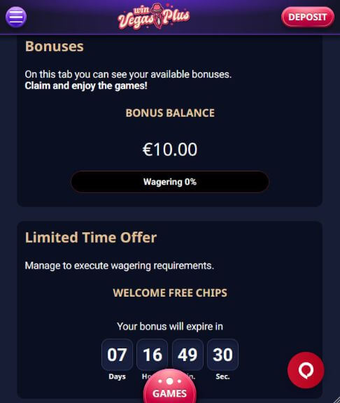 Vegas Plus Casino 10 € Bonus ohne Einzahlung – Anspruchsnachweis 2026 Im Bonusbereich von Vegas Plus Casino werden ein Bonusguthaben von 10.00 € und kostenlose Willkommenschips mit 7-tägigem Ablaufdatum angezeigt.