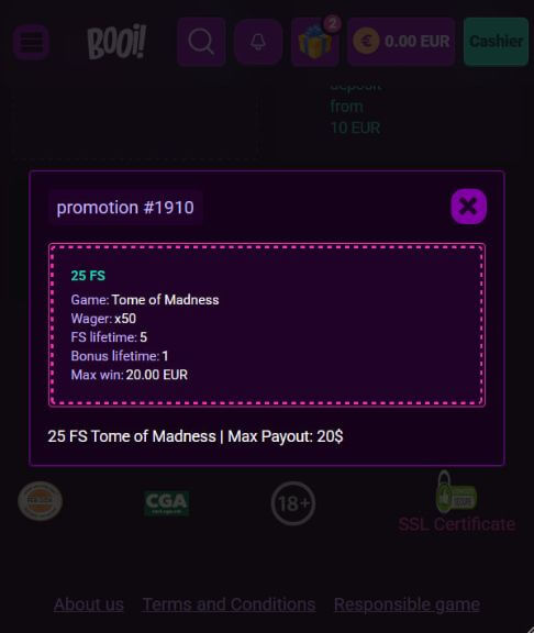 Booi Casino Bonus ohne Einzahlung 25 Freispiele 2026 Booi Casino-Bonus ohne Einzahlung: Nachweis – Aktionsbildschirm mit 25 Freispielen für „Tome of Madness“, 50-facher Umsatz, maximaler Gewinn 20 EUR