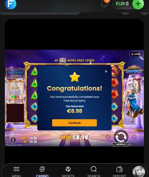 Flagman Casino Bonus ohne Einzahlung – Freispiele-Gewinnnachweis Flagman Casino: 50 Freispiele ohne Einzahlung – Gewinn von 8.98 € am Spielautomaten Gates of Universe