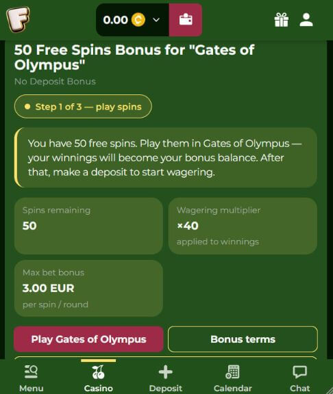 Freaky Billion Casino Free Spins Bonus Proof – FAN50 Activated – BonusFanatic Verified BonusFanatic and Freaky Billion Casino 50 free spins no deposit bonus Gates of Olympus promotion illustration