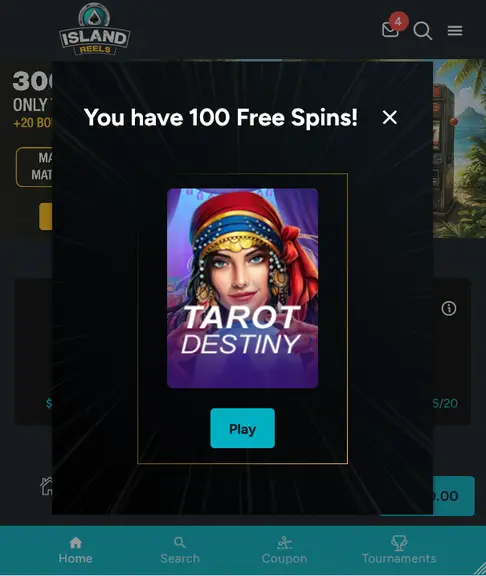 Kasyno Island Reels – Bonus bez depozytu – 100 darmowych spinów w Tarot Destiny Kasyno Island Reels: 100 darmowych spinów bez depozytu, bonus aktywowany na automacie Tarot Destiny – zrzut ekranu z dowodem