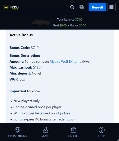 Ripper Casino Bonus ohne Einzahlung – Nachweis RC10 Code aktiviert 2026 Ripper Casino Aktiver Bonusbereich zeigt RC10 Promo-Code mit 10 Freispielen für Mythic Wolf Extreme, maximaler Auszahlungsbetrag 180 Dollar, WGR 60x