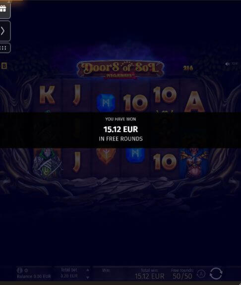 Bonus bez depozytu w kasynie Sol – 15.12 EUR wygrane w Doors of Sol Wynik darmowych spinów w kasynie Sol Casino Doors of Sol Megaways pokazuje 15.12 EUR wygranych w darmowych rundach z licznikiem 50 spinów