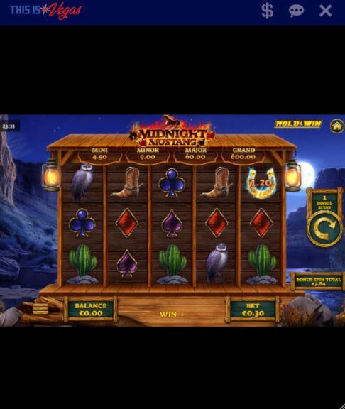 This is Vegas Casino 50 Free Spins No Deposit Bonus 2026 – Midnight Mustang Slot Test This is Vegas Casino Midnight Mustang slot showing bonus spin total €3.84 with Hold and Win feature active during no deposit bonus test