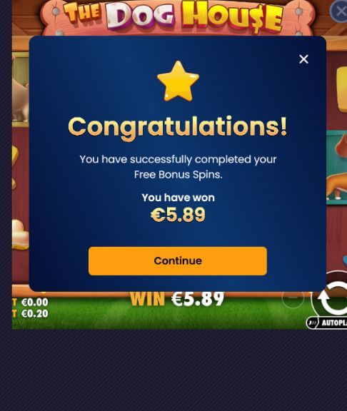 Vavada Kasyno 100 darmowych spinów bez depozytu – Dowód wygranej w Dog House Vavada Kasyno 100 darmowych spinów bez depozytu – zrzut ekranu pokazujący slot The Dog House – ekran z gratulacjami i wygraną w wysokości 5.89 euro po ukończeniu darmowych spinów bonusowych, zakład 0.20 euro