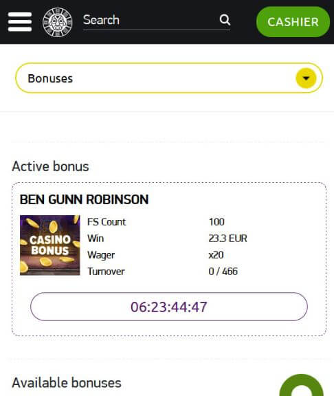 Bonus bez depozytu w kasynie Bonanza Game – 100 darmowych spinów Ben Gunn Robinson, wygrana 23.3 EUR Aktywny panel bonusowy kasyna Bonanza Game przedstawiający 100 darmowych spinów Bena Gunna Robinsona, wygraną 23.3 EUR, wymóg obrotu x20, obrót 0/466