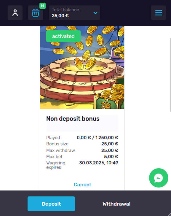 Aktywowany bonus bez depozytu w kasynie Fontan – 25 € darmowych żetonów z wymogiem obrotu 50x, maks. zakład 5 €