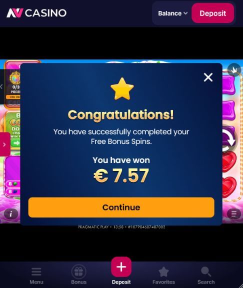 NV Casino Bonus ohne Einzahlung: 50 Freispiele (Stand: 2026) NV Casino 50 Freispiele ohne Einzahlung Bonusnachweis – Sweet Bonanza 1000 Glückwunsch-Popup zeigt Gewinn von 7.57 € aus Freispielen an