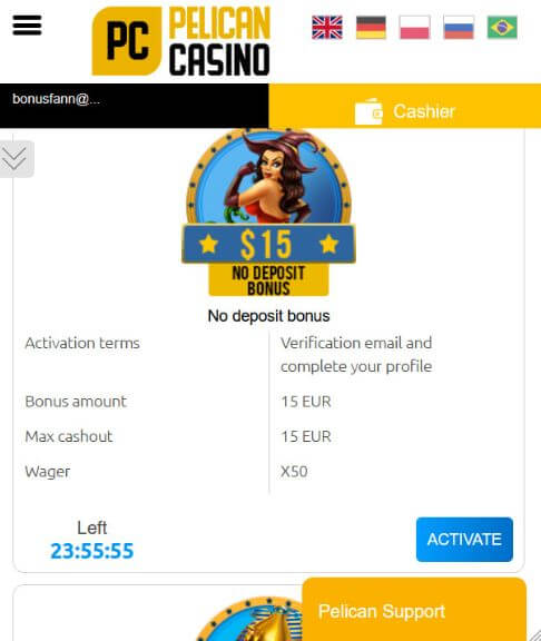 Pelican Casino: Aktivierungsbildschirm für den 15-Dollar-Bonus ohne Einzahlung mit Anzeige des Bonusbetrags, des maximalen Auszahlungsbetrags von 15 EUR und der 50-fachen Umsatzbedingungen.