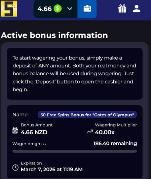 Dowód aktywacji 50 darmowych spinów w kasynie Slotobit w panelu gracza