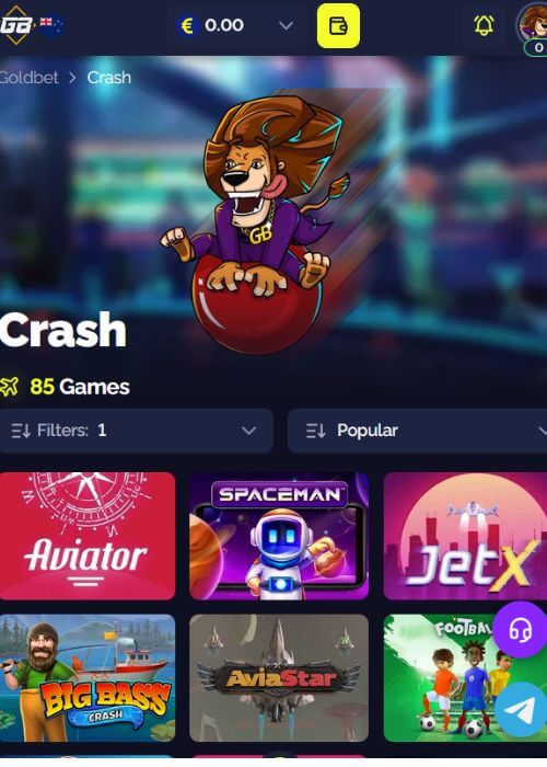 Goldbet Casino crash games section featuring Aviator, JetX, and Spaceman