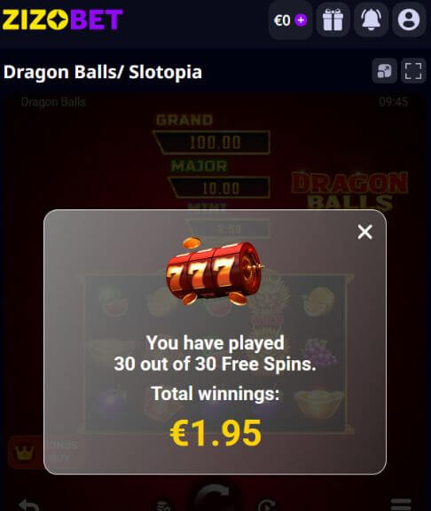 ZizoBet Casino 30 Free Spins receiving proof