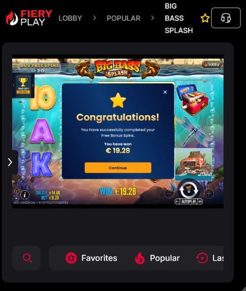 Fiery Play Casino Bonus ohne Einzahlung: 50 Freispiele (2026) Fiery Play Casino: Nachweis über 50 Freispiele ohne Einzahlung – Glückwunsch-Popup bei Big Bass Splash zeigt einen Gewinn von 19.28 € aus Freispielen an