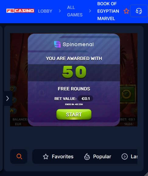 FS Casino No Deposit Bonus 50 Free Spins 2026 FS Casino 50 Free Spins No Deposit Bonus proof – Book of Egyptian Marvel by Spinomenal showing 50 Free Rounds awarded, bet value €0.1, ends in 4d 23h
