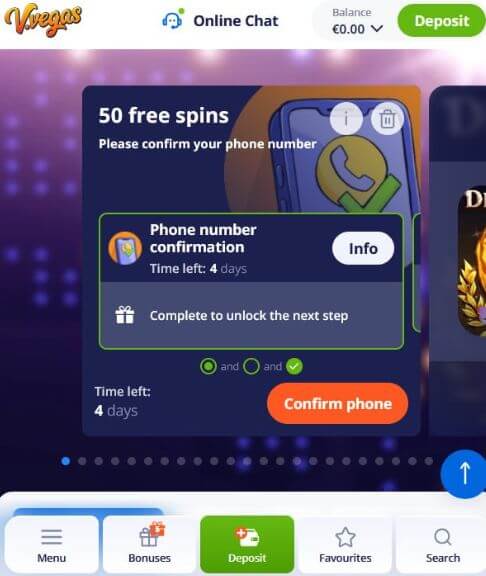 Kasyno VVegas Bonus bez depozytu 50 darmowych spinów 2026 Kasyno VVegas – 50 darmowych spinów bez depozytu – dowód bonusu – ekran bonusu pokazujący wymagane potwierdzenie numeru telefonu, czas pozostały: 4 dni