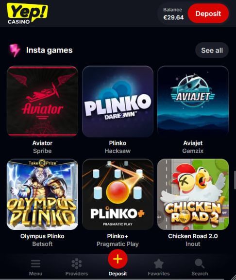 Yep A seção de jogos do Casino Insta no celular mostra Aviator da Spribe, Plinko da Hacksaw, Aviajet da Gamzix, Olympus Plinko, Plinko Plus e Chicken Road 2.0.