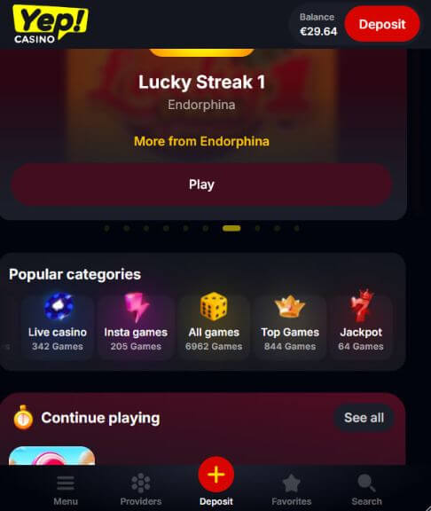 Yep Aplicativo móvel do cassino exibindo as categorias mais populares: Cassino ao vivo (342 jogos), Jogos instantâneos (205 jogos), Todos os jogos (6962 jogos), Jogos mais populares (844 jogos), Jogos com jackpot (64 jogos).