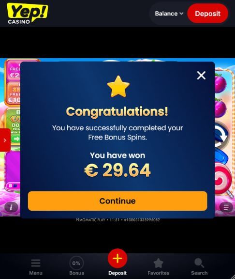 Yep Casino No Deposit Bonus 50 Free Spins 2026 Yep Casino 50 Free Spins No Deposit Bonus proof – Sweet Bonanza 1000 congratulations popup showing win €29.64 from free bonus spins