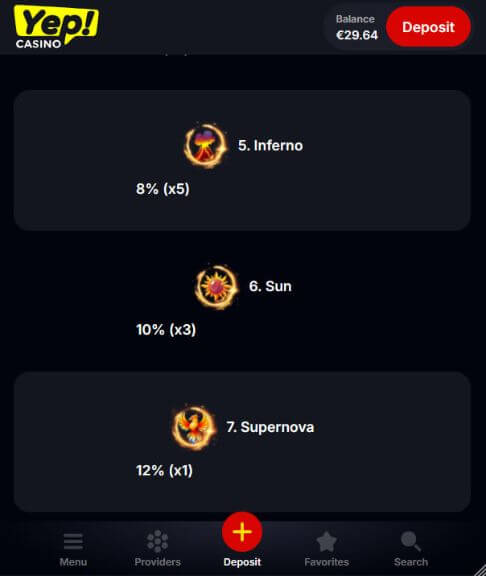 Yep Níveis de cashback do Casino VIP Club, mostrando Inferno 8% x5, Sun 10% x3 e Supernova 12% x1 para apostas no aplicativo móvel.