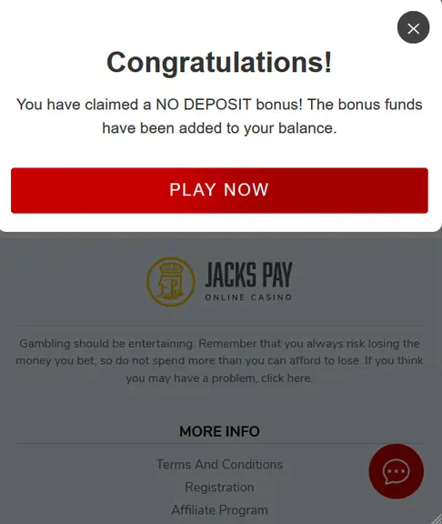 JacksPay Casino No Deposit Bonus Proof – €10 Free Chip JacksPay Casino no deposit bonus confirmation screen showing Congratulations message with bonus funds added to balance