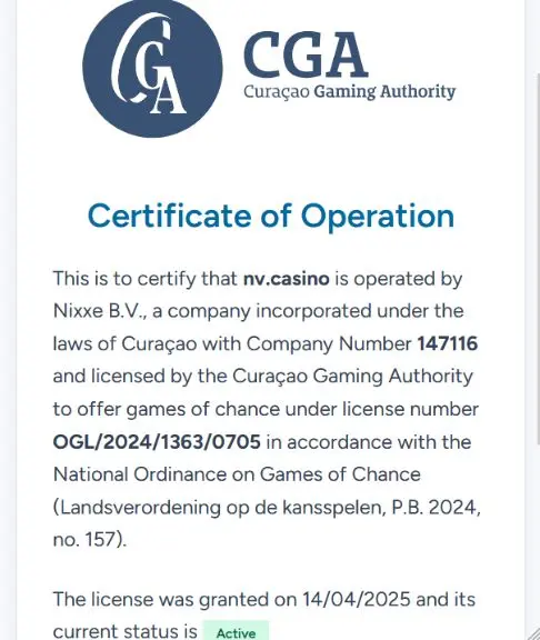 Certyfikat działania kasyna NV Casino Curaçao Gaming Authority, widok mobilny, pokazujący licencję OGL/2024/1363/0705 wydaną dla firmy Nixxe BV, numer firmy 147116, status Aktywny, przyznany 14 kwietnia 2025 r.