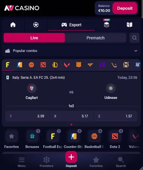 Zakłady na żywo na esport w kasynie NV na urządzeniach mobilnych, pokazujące kategorie esportu piłkarskiego, Counter-Strike, esportu koszykówki, Dota 2, League of Legends i Valorant z kursami na żywo i ikonami transmisji YouTube